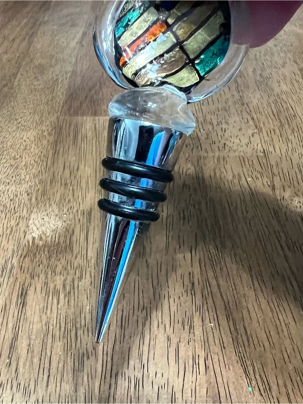 Wine Bottle Stopper Fused Multi-Color Art Glass on Green Decanter Replacement